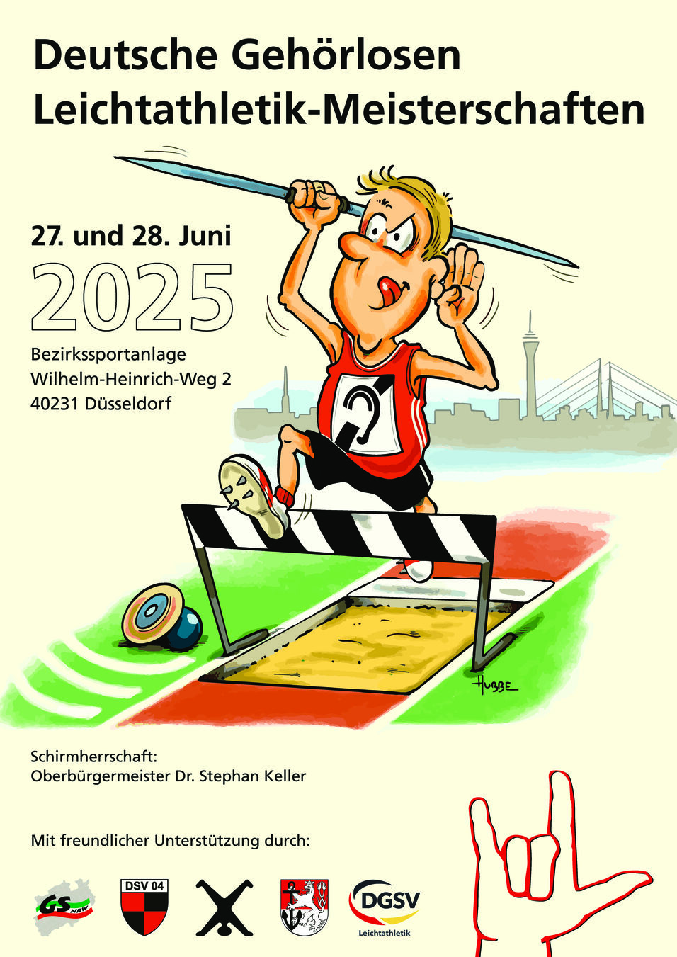 Plakat f&uuml;r die Deutschen Geh&ouml;rlosen Leichtathletik-Meisterschaften 2025 mit einem laufenden Athleten und Angaben zu Ort und Datum.