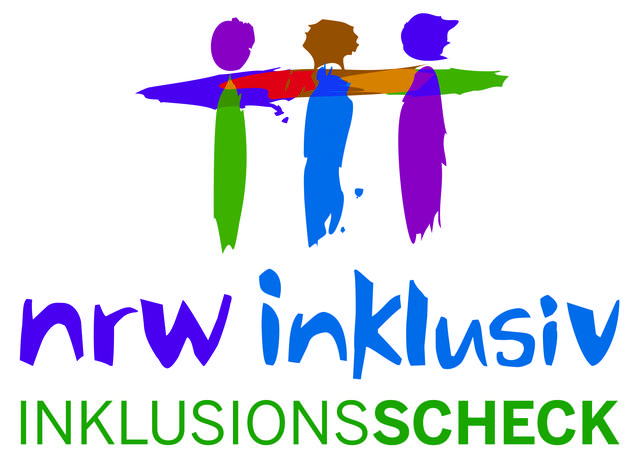 Bunt gestaltetes Logo mit drei stilisierten Figuren und dem Text &bdquo;nrw inklusiv INKLUSIONSCHECK&ldquo; darunter.