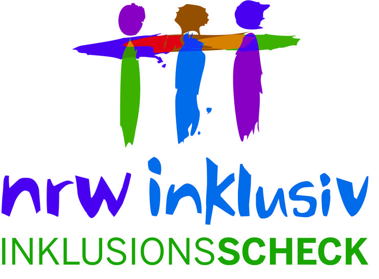 Bunt gestaltetes Logo mit drei stilisierten Figuren und dem Text &bdquo;nrw inklusiv INKLUSIONSCHECK&ldquo; darunter.