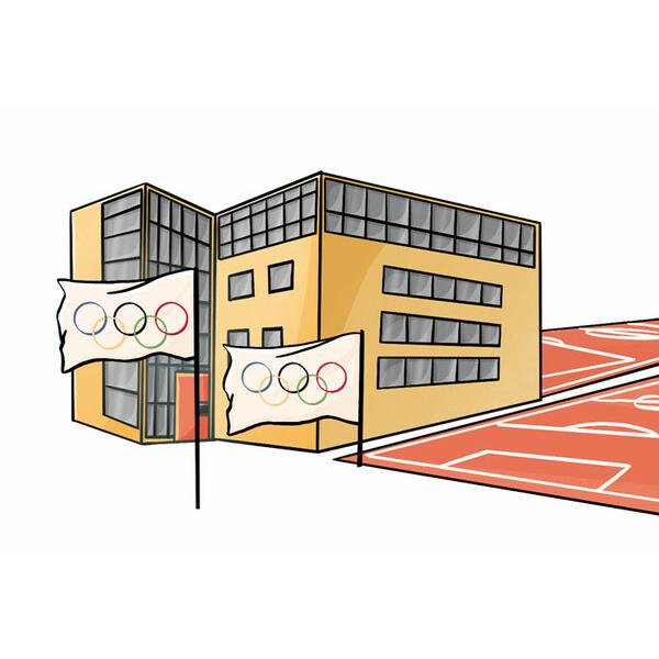 Illustration eines modernen Geb&auml;udes mit olympischen Fahnen und einem Sportplatz im Vordergrund.