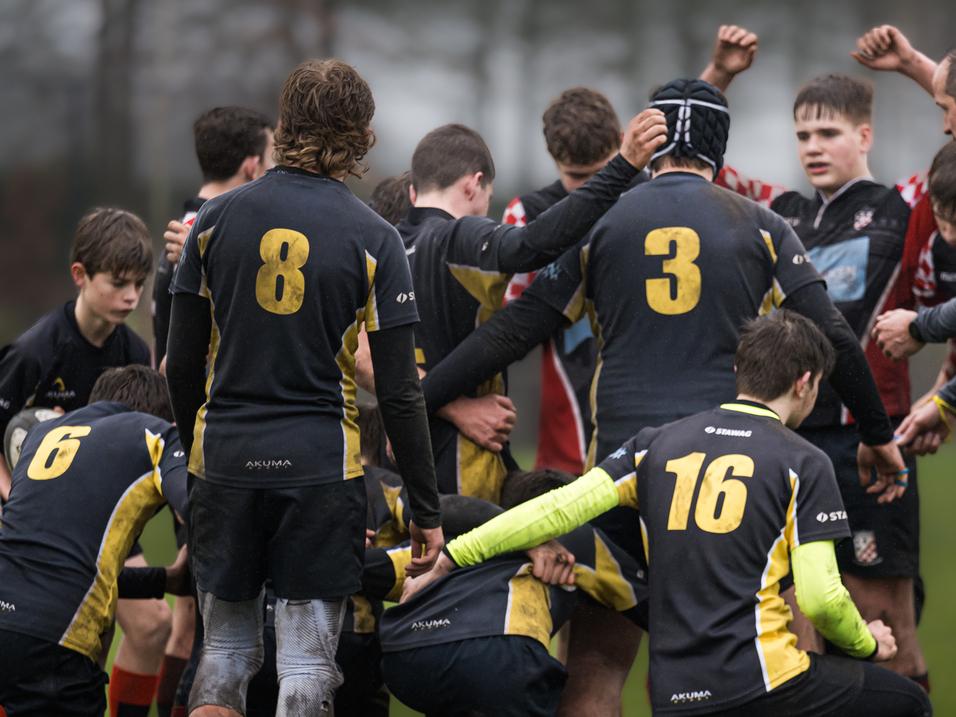 Gruppenspieler auf einem Rugbyfeld umarmen sich, einige tragen die Trikots mit den Nummern 3, 8 und 16.